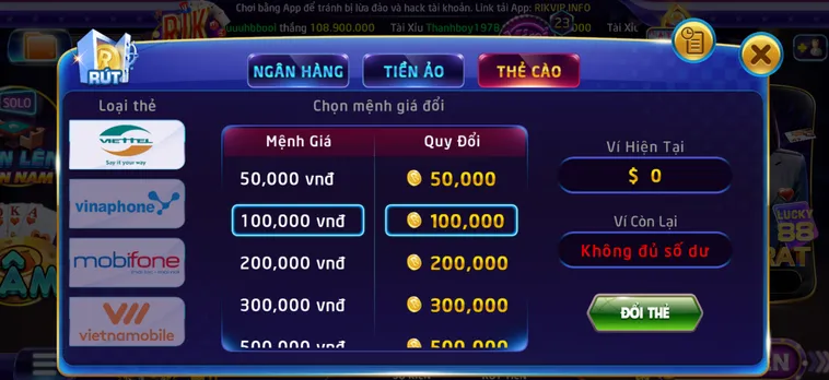 Rút tiền qua thẻ cào , nhanh chóng an toàn tiện lợi.
